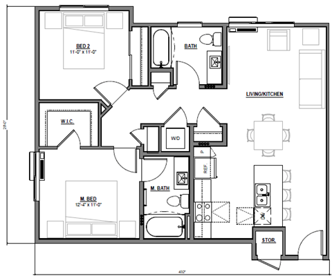 Floor plan for 2 beds, 2 baths, 1016 sqft